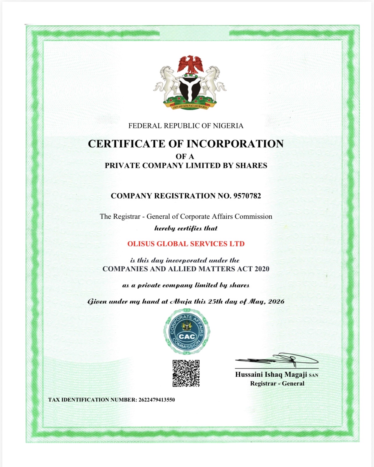 Certificate of incorporation of Olisus Global Services Ltd issued in Nigeria