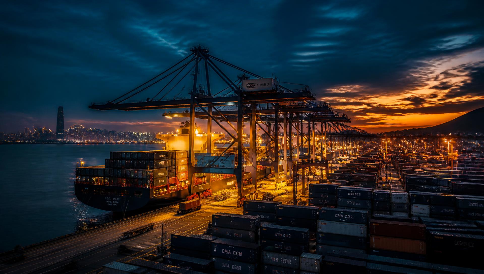 Container port at dusk